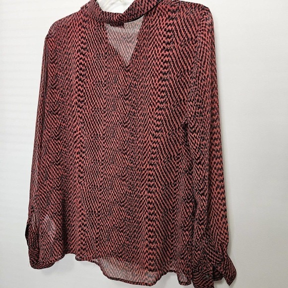 DKNY Blouse Top Womens *L* Black Gray Semi Sheer Draped Layered Tie Button Up - Picture 1 of 10